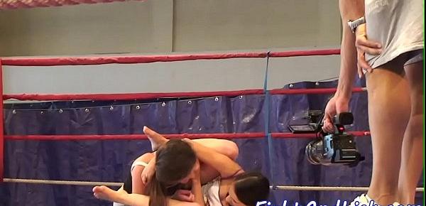  Skinny lesbians wrestling in a boxing ring